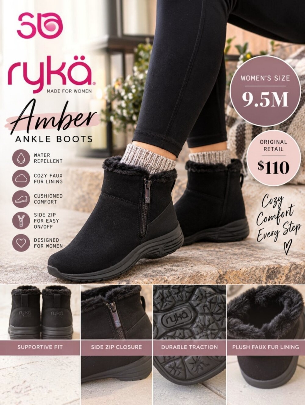 Ryka Amber Black Water Repellent Faux Fur Ankle Boots 9.5M